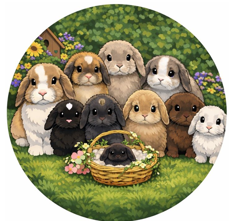 Mini Lops UK logo, a group of cartoon mini lop rabbits in a garden