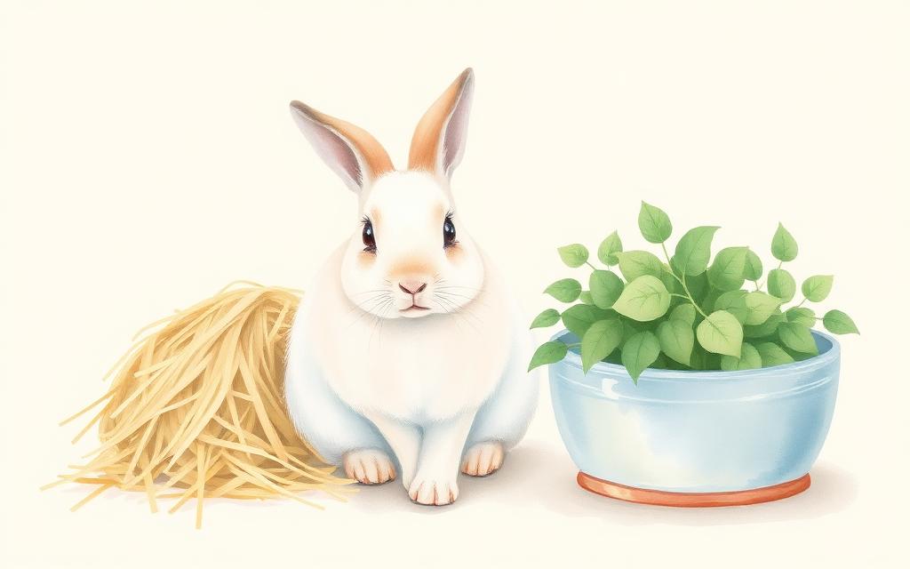 Illustration of a mini lop rabbit beside fresh hay, greens and a water bowl