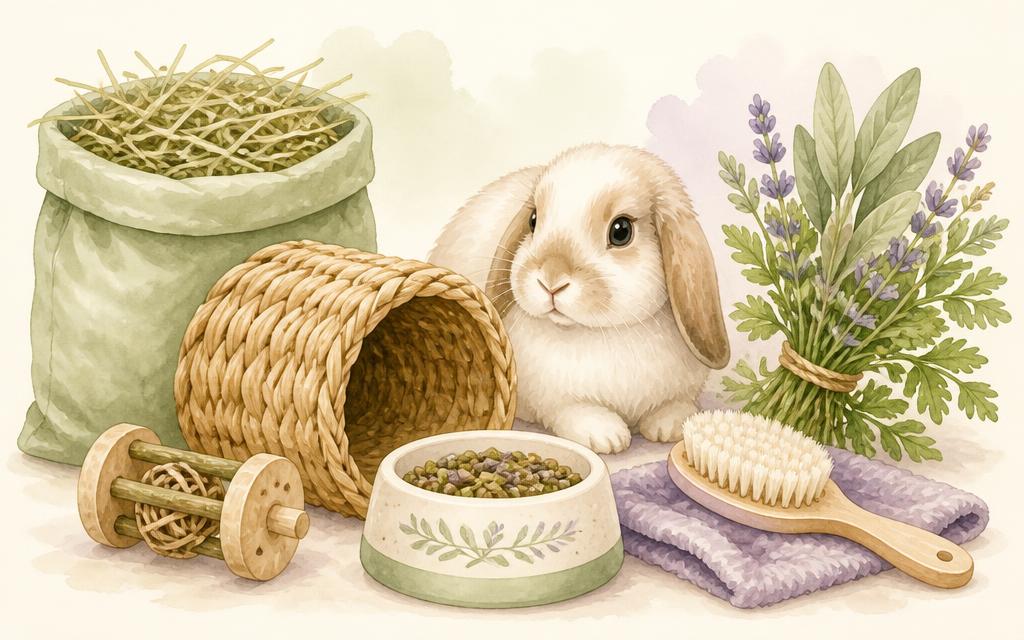 A mini lop rabbit surrounded by hay, a tunnel, toys and a food bowl
